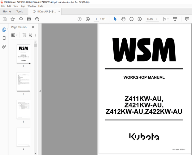 Kubota Z411KW-AU Z421KW-AU Z412KW-AU Z422KW-AU Workshop Manual – PDF DOWNLOAD