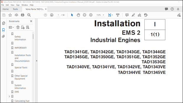 Volvo Penta TAD1341GE- TAD1353GE TAD1340VE-TAD1345VE EMS 2 Industrial Engine Installation Manual PDF