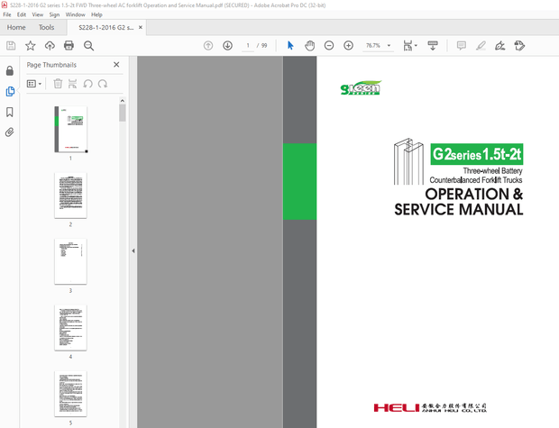 Heli G2 Series 1.5t-2t Three-Wheel Battery Forklift Operation &amp; Service Manual