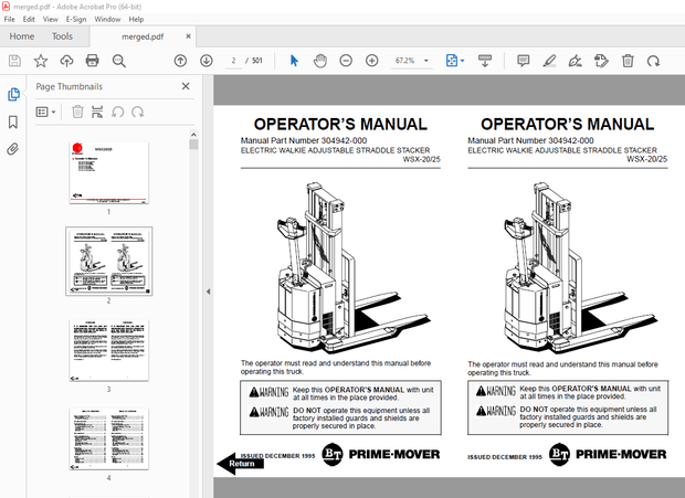BT Prime-Mover WSX20 WSX25 Electric Walkie Adjustable Straddle Stracker Operator&#x27;s Manual - PDF 