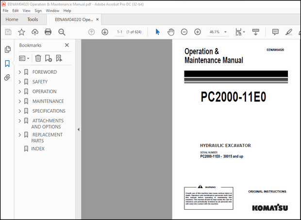 Komatsu PC2000-11E0 Hydraulic Excavator Operation &amp; Maintenance Manual EENAM04020 – PDF DOWNLOAD