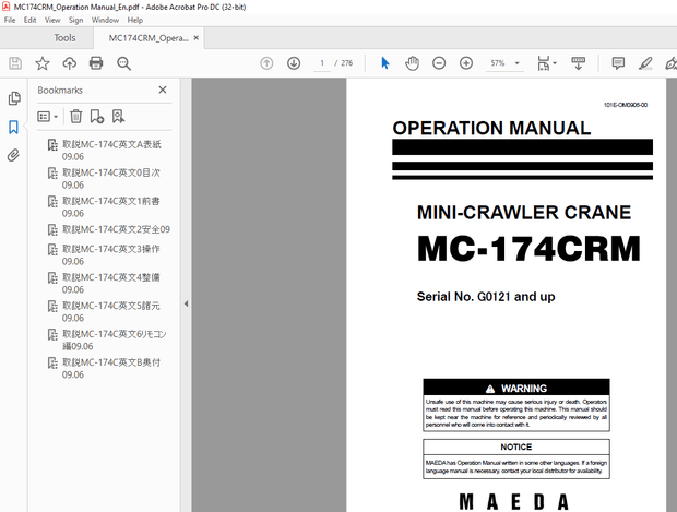 Maeda Mini CRAWLER CRANE MC-174CRM OPERATION MANUAL –  PDF DOWNLOAD