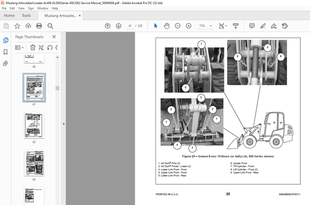 Mustang Articulated Loader AL 406 AL 506 Service Manual(50940008) – PDF DOWNLOAD
