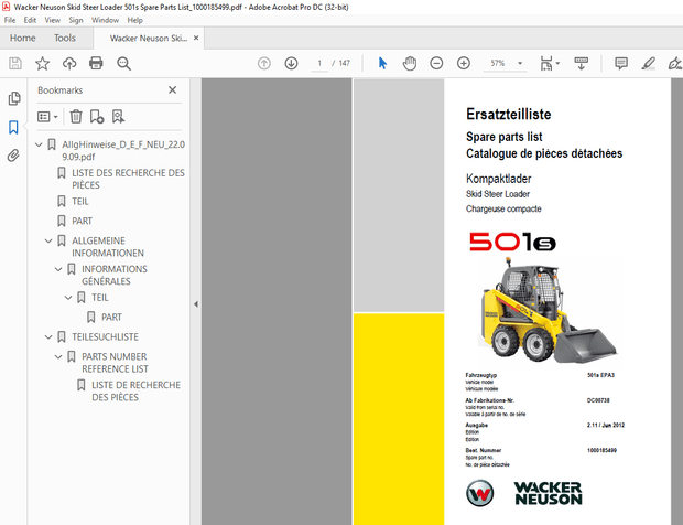 Wacker Neuson Skid Steer Loader 501s Spare Parts List Manual - PDF DOWNLOAD