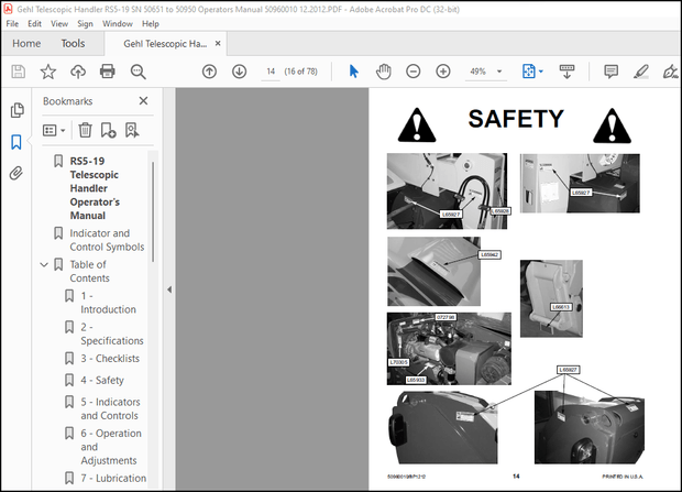 Gehl Telescopic Handler RS5-19 Operator’s Manual 50960010 – PDF DOWNLOAD