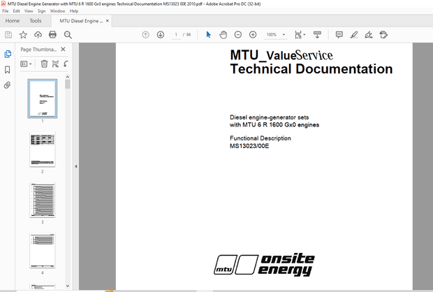 MTU Diesel engine-generator sets with MTU 6R 1600 Gx0 Functional Description Manual MS13023-00E PDF