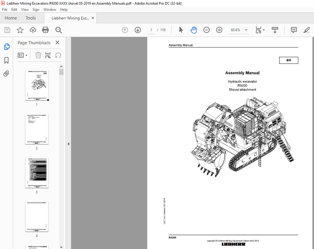 Liebherr R9200 Hydraulic Excavator Shovel attachment Assembly Manual – PDF DOWNLOAD