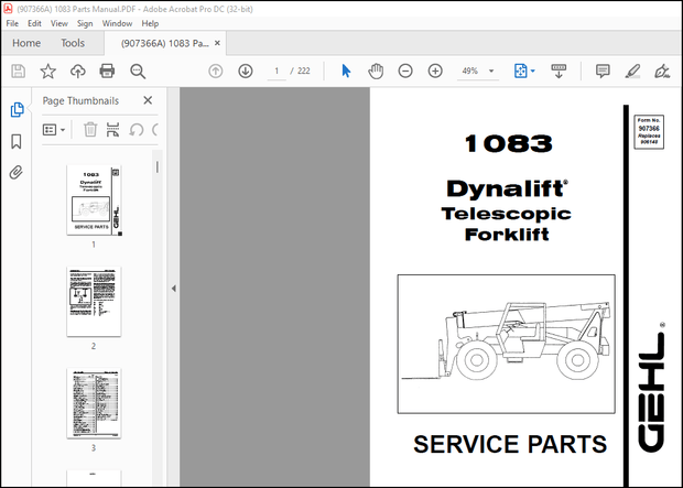 GEHL 1083 Dynalift Telescopic Forklift SERVICE PARTS Manual(907366) – PDF DOWNLOAD
