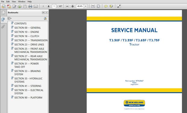 New Holland Tractor T3.50F, T3.55F, T3.65F, T3.75F Service Manual 47763567  - PDF DOWNLOAD
