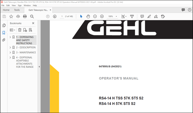 Gehl RS4-14 H TSS 57K ST5 S2 RS4-14 H 57K ST5 S2 Operator’s Manual 647850US – PDF DOWNLOAD