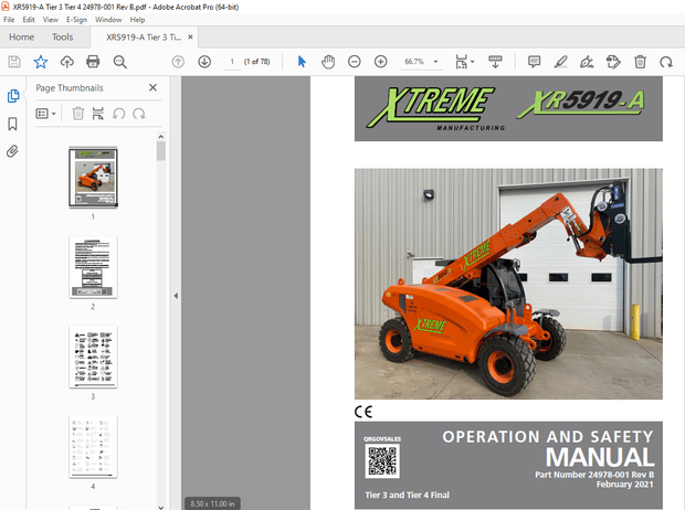 XTREME Telehandler XR5919-A Operation &amp; Safety Manual PDF