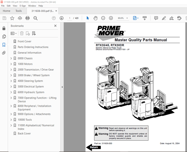 BT-Prime Mover RTX35/45 RTX30DR Electric Stand-Up Rider Truck Parts Manual - PDF DOWNLOAD