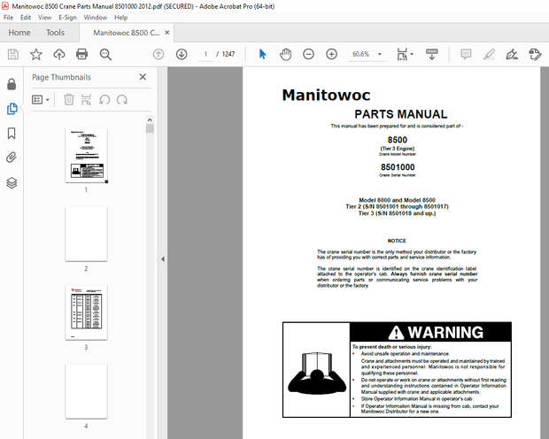 Manitowoc Traditional Crane 8500 Tier 3 Engine Parts Manual SN 8501000 – PDF DOWNLOAD