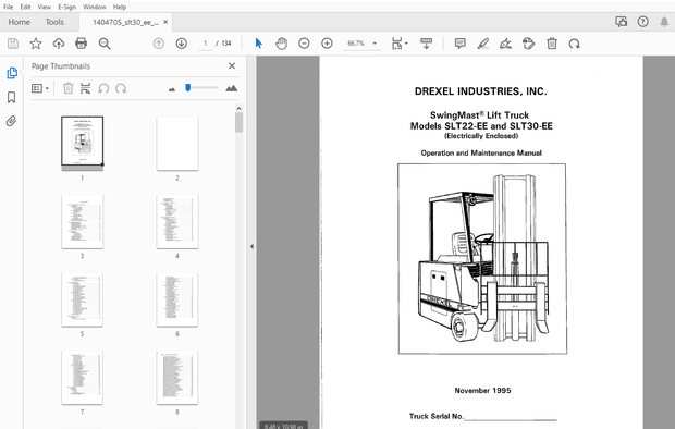 Drexel SwingMast Lift Truck SLT22-EE &amp; SLT30-EE Operation &amp; Maintenance Manual 1404705 -  