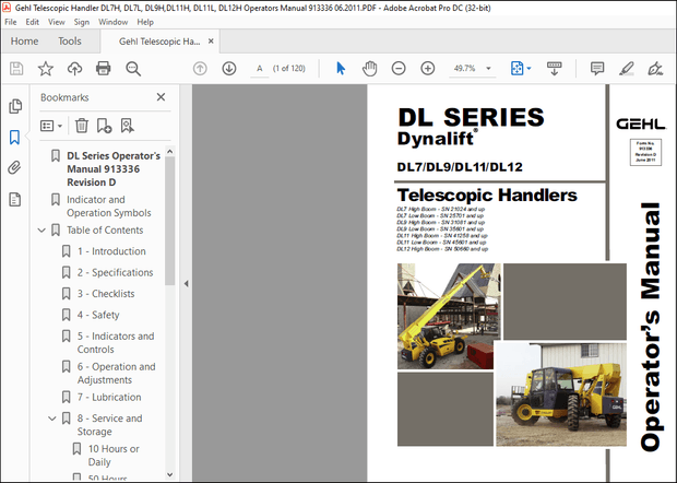 GEHL DL SERIES Dynalift® DL7 DL9 DL11 DL12 Telescopic Handler Operator’s Manual(913336) – PDF 