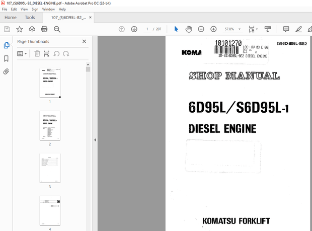 Komatsu FORKLIFT 6D95L/S6D95L-1 DIESEL ENGINE SHOP MANUAL (S)6D-5L-BE2 - PDF DOWNLOAD