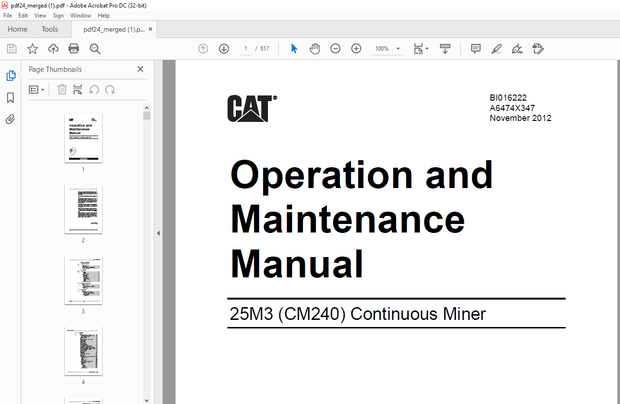 Cat 25M3 (CM240) Continuous Miner Operation and Maintenance Manual BI016222 - PDF DOWNLOAD