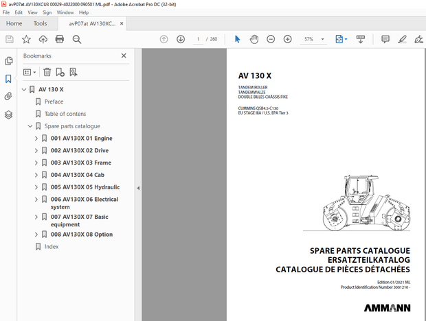 Ammann AV 130 X Tandem Roller Parts Manual 3001210 - PDF
