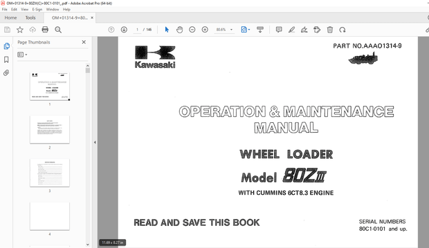 Kawasaki 80ZIII Wheel Loader Cummins 6CT8.3 Engine Operation &amp; Maintenance Manual - PDF DOWNLOAD