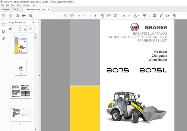 KRAMER Wheel loader 8075 8075L Spare Parts List Manual SN351040001 – PDF DOWNLOAD