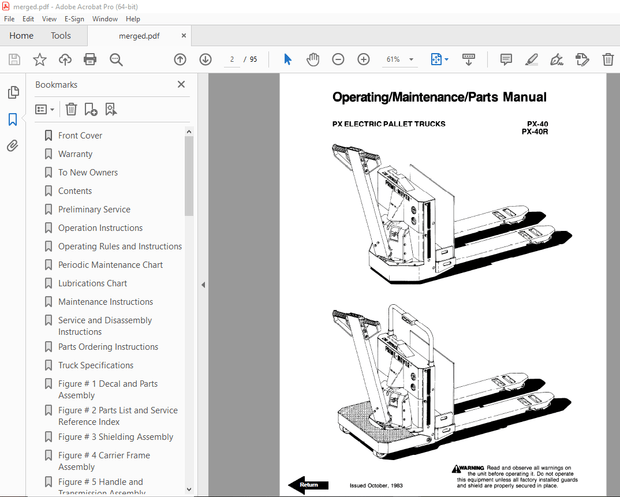 BT Prime-Mover PX Electric Pallet Truck Operating Maintenance &amp; Parts Manual - PDF DOWNLOAD