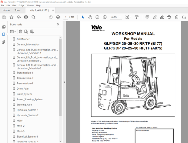 Yale Forklift E177 (GLPGDP 202530 RFTF Europe) Workshop Manual PDF