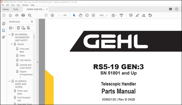 Gehl RS5-19 GEN:3 Telescopic Handler Parts Manual 50960130 – PDF DOWNLOAD