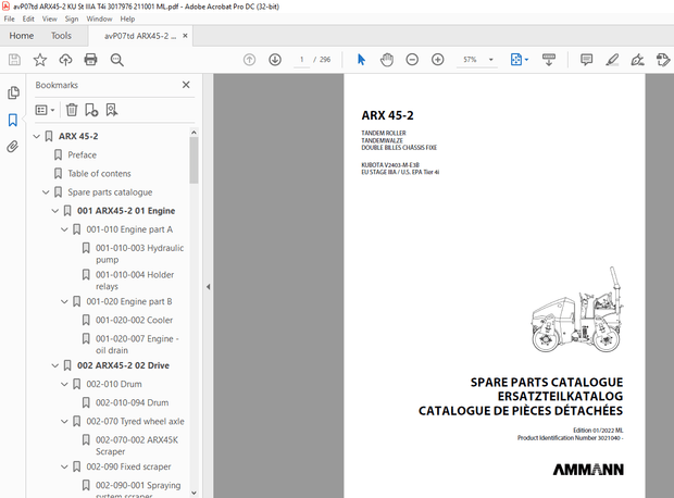 Ammann ARX 45-2 Tandem Roller Parts Manual SN 3021040 PDF