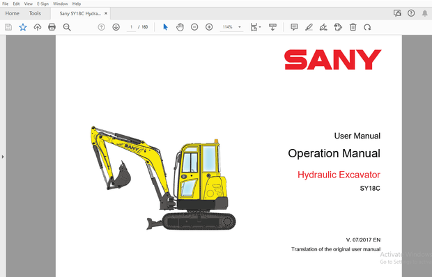 Sany SY18C Hydraulic Excavator Operation Manual – PDF DOWNLOAD