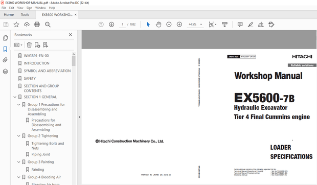 Hitachi EX5600-7B Hydraulic Excavator Tier 4 Final Cummins engine Workshop Manual PN: WKGB91  - PDF 