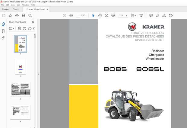 KRAMER Wheel loader 8085 8085L Spare Parts List Manual SN351050001 – PDF DOWNLOAD