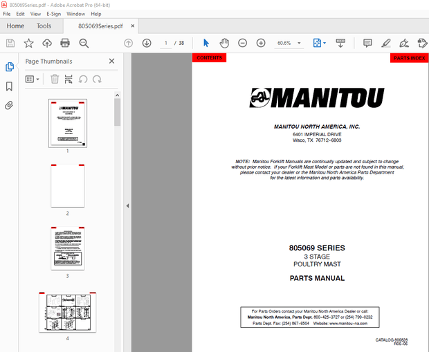 Manitou Forklift 805069 SERIES 3 STAGE POULTRY MAST Parts Manual – PDF DOWNLOAD