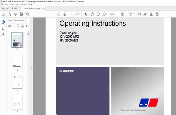 MTU Diesel Engine 12V 2000 M72 16V 2000 M72 Operating Instructions Manual M015650-03E PDF