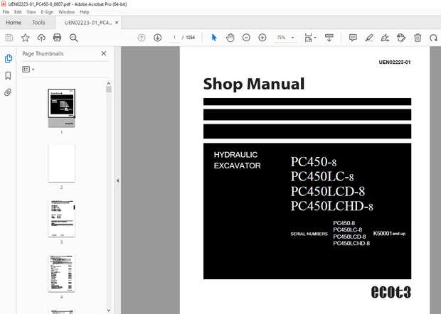 Komatsu PC450-8,PC450LC-8,PC450LCD-8,PC450LCHD-8 Hydraulic Excavator Shop Manual UEN02223-01 - PDF D