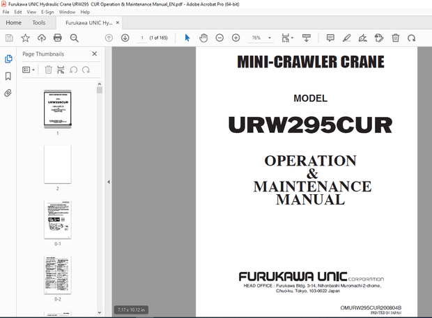 FURUKAWA UNIC Mini Crawler Crane  URW295CUR Operation &amp; Maintenance Manual PDF