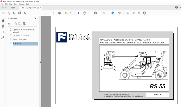 Fantuzzi Reggiane RS 55 Operator &amp; Parts manual + Electrical &amp; Hydraulic Diagrams Manual  – PDF  