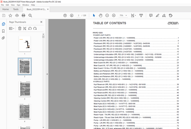 Crown Forklift RR/RD 5000 Parts Manual – PDF DOWNLOAD