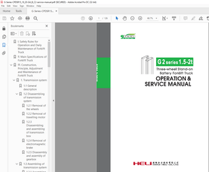 Heli G2 Series 1.5-2T Three-Wheel Stand-on Battery Forklift Truck Operation &amp; Service Manual