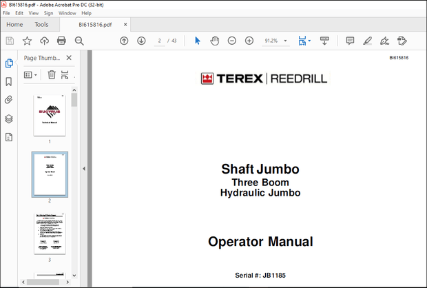 CAT Bucyrus Shaft Jumbo Single Boom Hydraulic Jumbo Operator Manual SN JB1185 – PDF DOWNLOAD