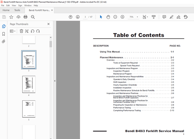 Landoll Bendi B40i3 NARROW AISLE FORKLIFT PLANNED MAINTENANCE MANUAL –  PDF DOWNLOAD
