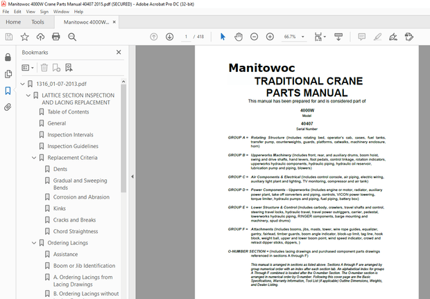 Manitowoc Traditional Crane 4000W Parts Manual SN 40407 - PDF