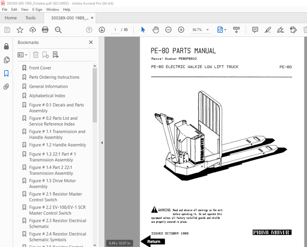 BT Prime Mover PE-80 Electric Walkie Low Lift Truck Parts Manual - PDF DOWNLOAD