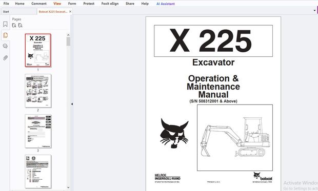 Bobcat X225 Excavator Operation &amp; Maintenance Manual (SN 508312001 &amp; Above) – PDF DOWNLOAD