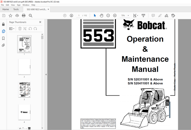 Bobcat 553 Loader Operation &amp; Maintenance Manual 6901823  - PDF DOWNLOAD