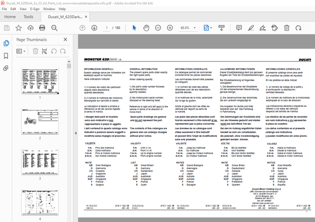 Ducati MONSTER 620DARK 2003 Parts Manual PN 91511421B- PDF DOWNLOAD