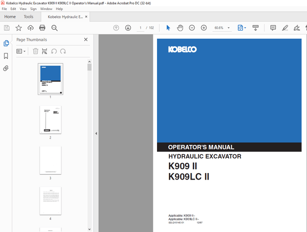 Kobelco K909 II K909LC II Hydraulic Excavator Operator’s Manual – PDF DOWNLOAD