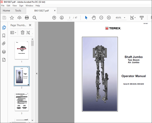 CAT Bucyrus Shaft Jumbo Two Boom Air Jumbo Operator Manual SN S09-6230, S09-6240 – PDF DOWNLOAD