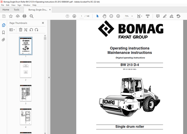 Bomag Single drum roller BW 213 D-4 Operating instructions Manual -PDF DOWNLOAD