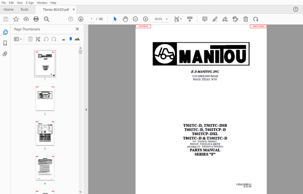 Manitou T502TC-D T502TC-DSB T602TC-D T602TCP-D T602TCP-DXL T802TC-D &amp; T1002TC-D PARTS MANUAL – PDF D