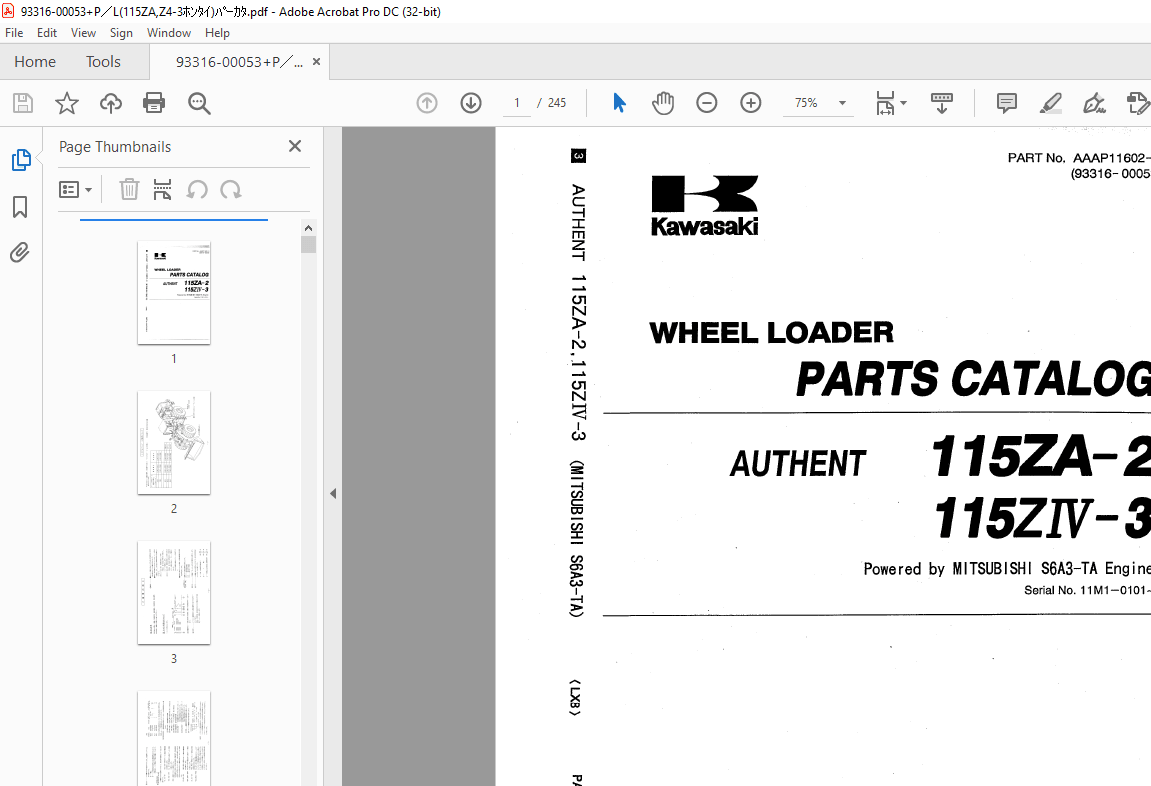 Kawasaki WHEEL LOADER AUTHENT 115ZA2 115ZN3 PARTS CATALOG MANUAL